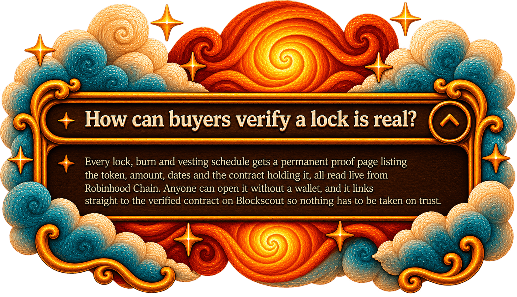 How can buyers verify a lock is real? Every lock, burn and vesting schedule gets a permanent proof page listing the token, amount, dates and the contract holding it, read live from Robinhood Chain. Anyone can open it without a wallet, and it links to the verified contract on Blockscout.