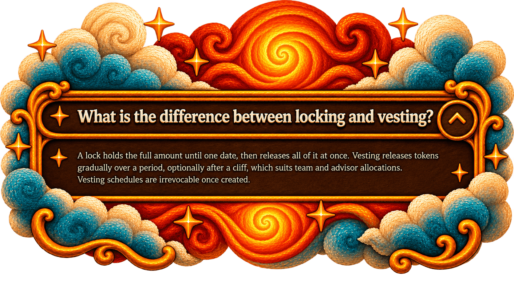 What is the difference between locking and vesting? A lock holds the full amount until one date, then releases all of it at once. Vesting releases tokens gradually over a period, optionally after a cliff, which suits team and advisor allocations. Vesting schedules are irrevocable once created.