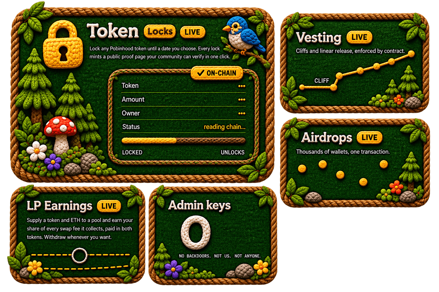 Foxlock — token locks, vesting, airdrops, LP earnings, zero admin keys